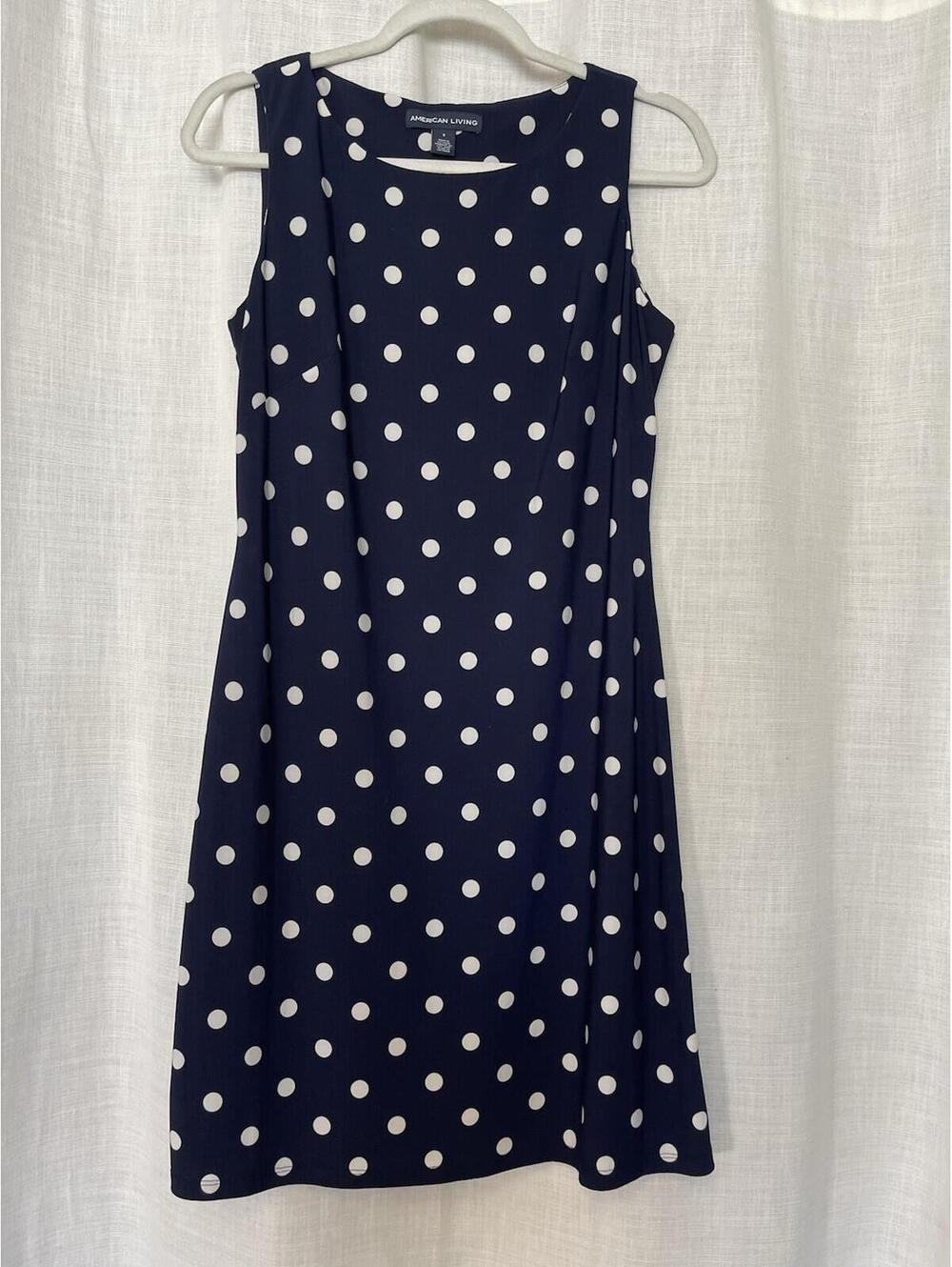 Navy Blue White Polka Dot Classic Sleeveless Sheath Dress Sz 8